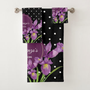 Watercolor Purple Irises Black White Polka Dots Bath Towel Set