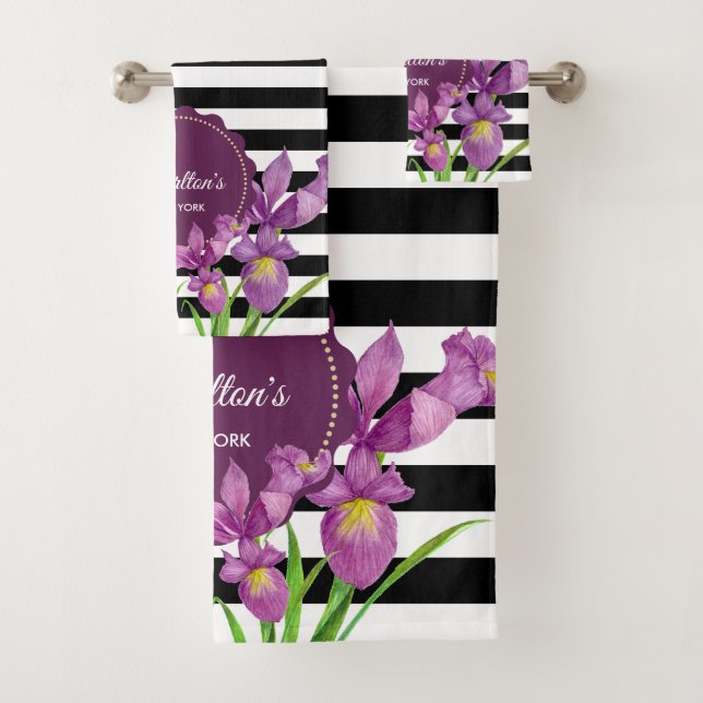 Watercolor Purple Irises Black White Stripes Bath Towel Set (Insitu)
