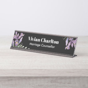 Watercolor Purple Irises Botanical Floral Painting Desk Name Plate