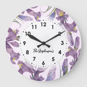 Watercolor Purple Irises Botanical Illustration Large Clock