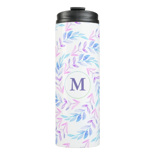 Watercolor Purple Laurels Foliage with Initial Thermal Tumbler (Front)