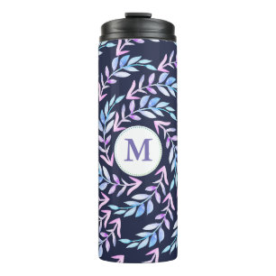 Watercolor Purple Laurels Foliage with Initial Thermal Tumbler