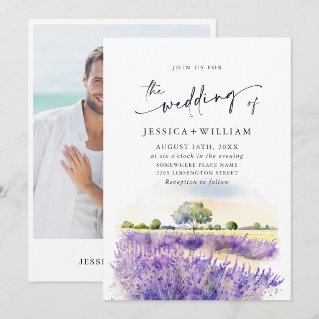Watercolor Purple Lavender Field Wedding Photo Invitation (Front/Back)