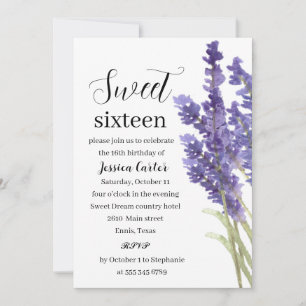 Watercolor Purple Lavender Floral Sweet 16 Sixteen Invitation