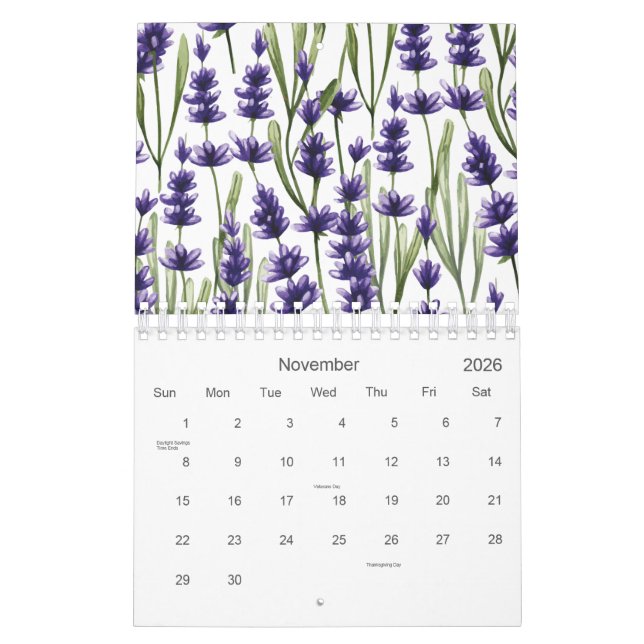 Watercolor Purple Lavender Flowers 2026 Calendar (Nov 2026)