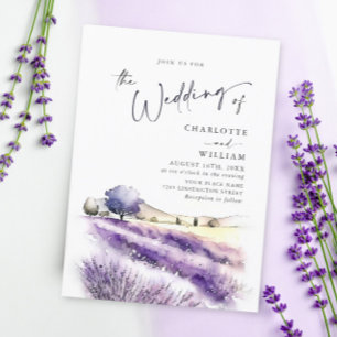 Watercolor Purple Lavender Flowers Field Wedding Invitation