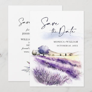 Watercolor Purple Lavender Flowers Field Wedding Save The Date