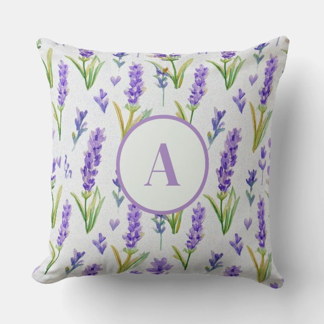 Watercolor Purple Lavender Pattern Monogram Throw Pillow (Front)