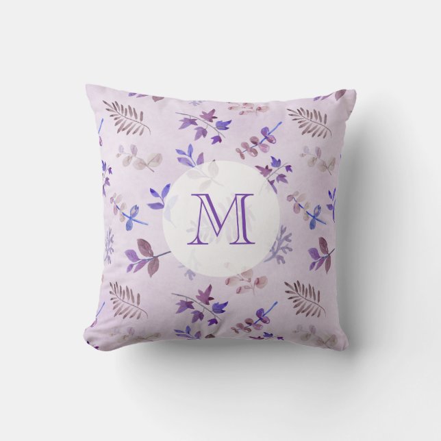 Watercolor Purple Leaves & Foliage Monogram Throw Pillow (Front)
