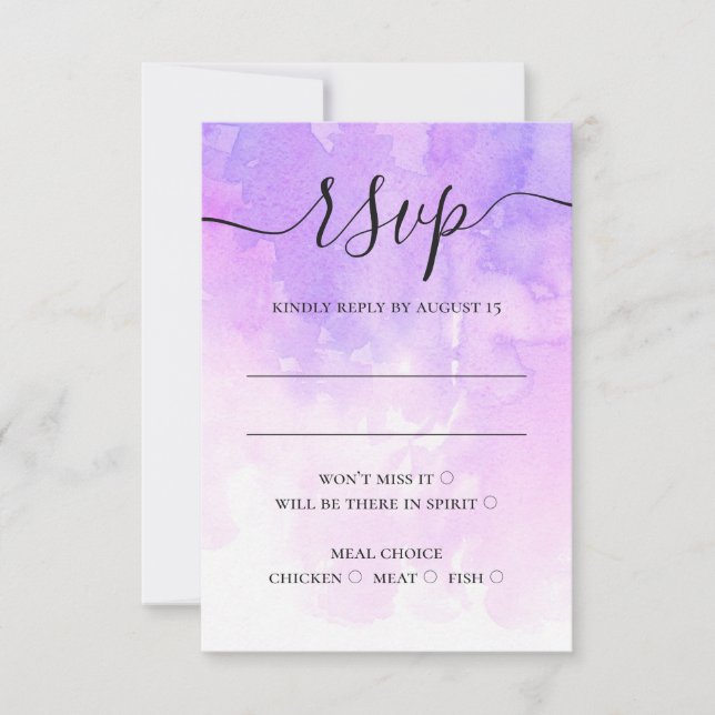 Watercolor purple lilac script calligraphy wedding RSVP card (Front)