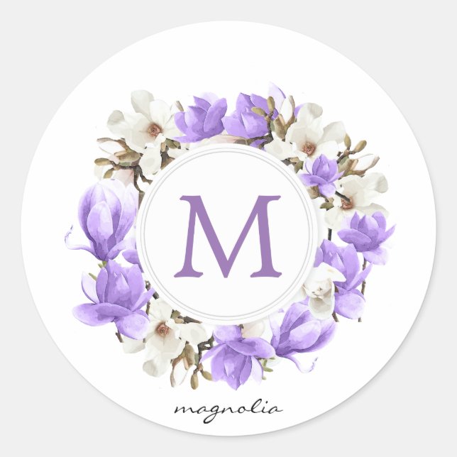 Watercolor Purple Magnolia Wreath Monogram Classic Round Sticker (Front)