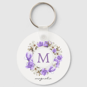 Watercolor Purple Magnolia Wreath Monogram Keychain
