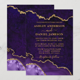 Watercolor Purple Marble Agate Geode Wedding Gold Invitation