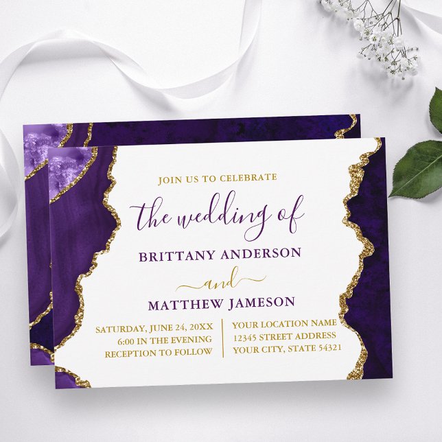 Watercolor Purple Marble and Gold Wedding Invitation (Customize to change text size, color, text style or to add more text to back of card.)