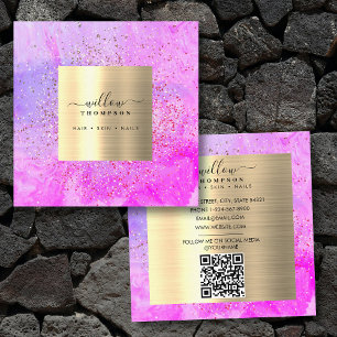 Watercolor Purple Marble Faux Gold Glitter QR Code Square Business Card