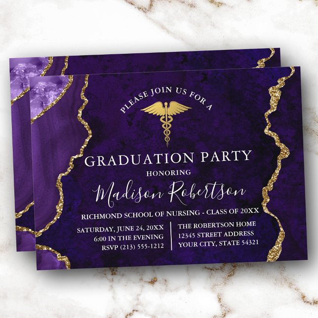 Watercolor Purple Marble Gold Medical Grad Party Invitation (Customize to add text or a photo to back of card.)