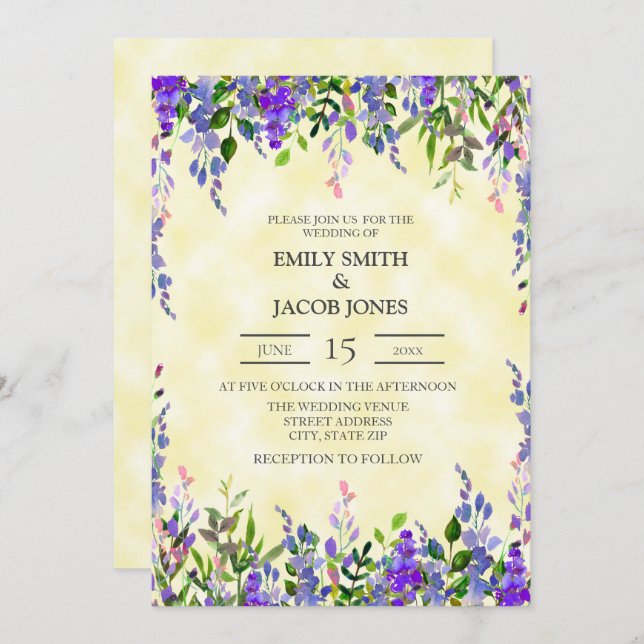 Watercolor Purple on Yellow Wedding Invite (Front/Back)