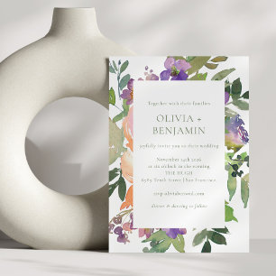 Watercolor Purple Orange Floral Wedding All in One Invitation