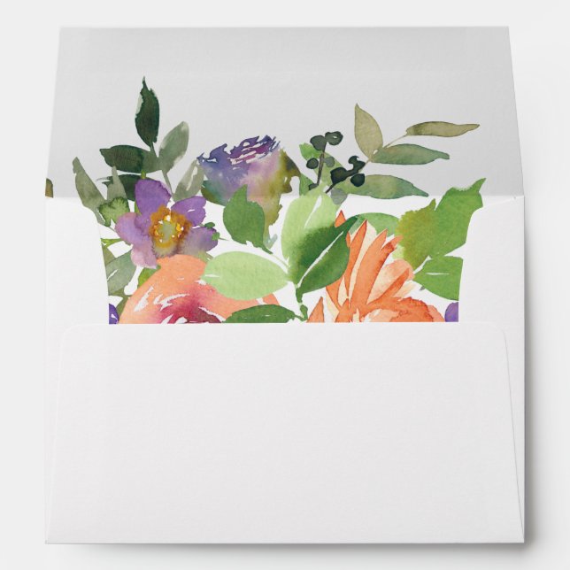 Watercolor Purple Orange Floral Wedding Matching Envelope (Back (Bottom))