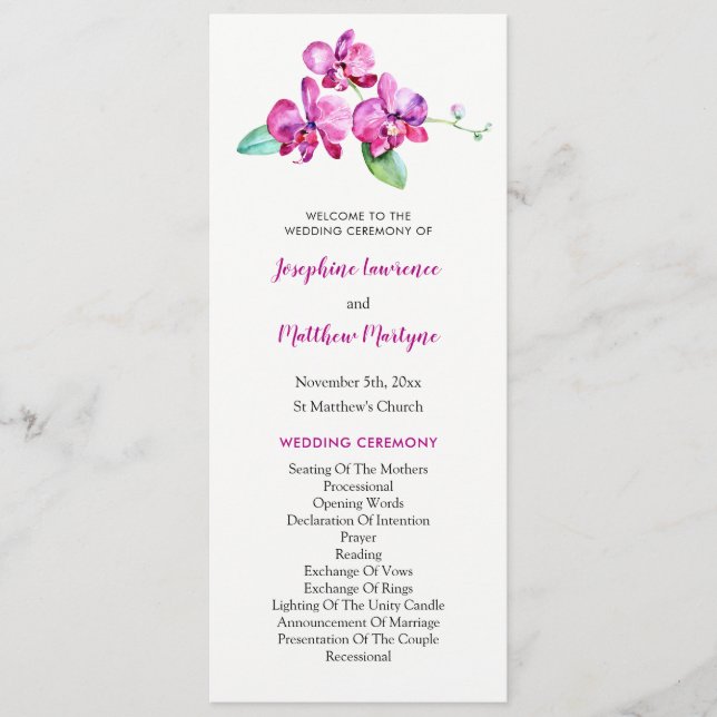 Watercolor Purple Orchid Floral Wedding Program (Front)