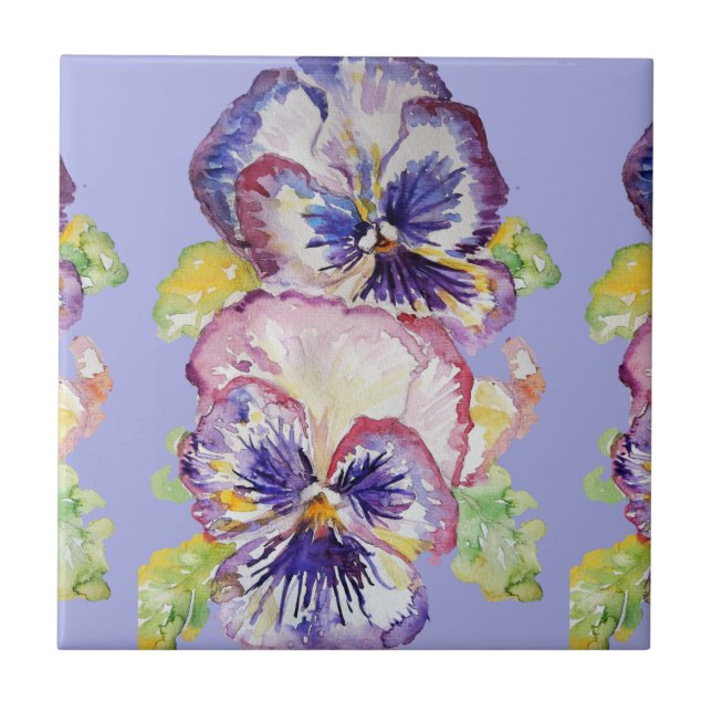 Watercolor Purple Pansy Pansies Floral Ceramic Til Tile (Front)