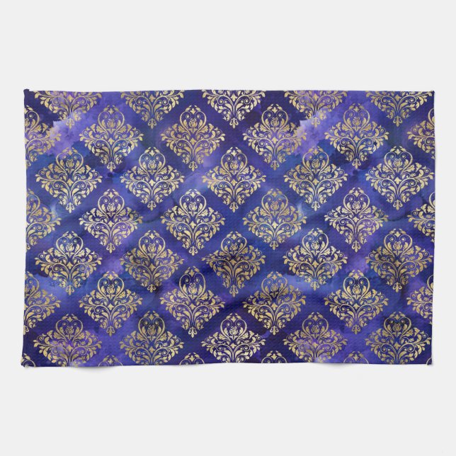 Watercolor Purple Pattern with Gold Damask Kitchen Towel (Horizontal)
