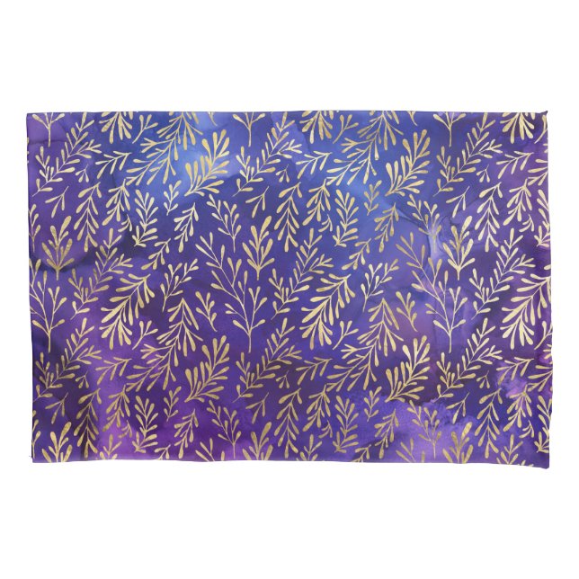 Watercolor Purple Pattern with Gold Leaves Pillowcase (Front)