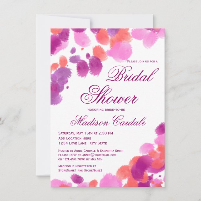 Watercolor Purple Pink Bridal Shower Invitations (Front)