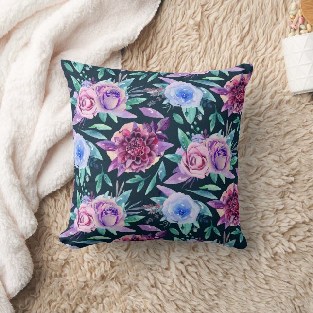 Watercolor purple pink floral garden pattern throw pillow (Blanket)