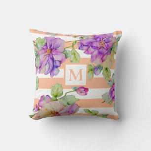 Watercolor purple pink floral orange white strips throw pillow