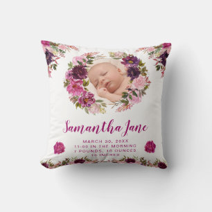 Watercolor Purple & Pink Flowers Baby Photo Throw Pillow