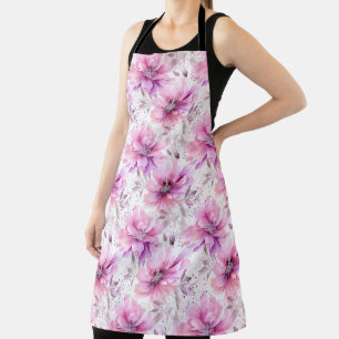Watercolor Purple Pink Flowers Floral Pattern  Apron