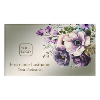 Watercolor Purple Pink Flowers Golden Elegant Name Tag