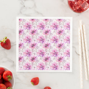 Watercolor Purple Pink Flowers Spring Pattern  Napkin