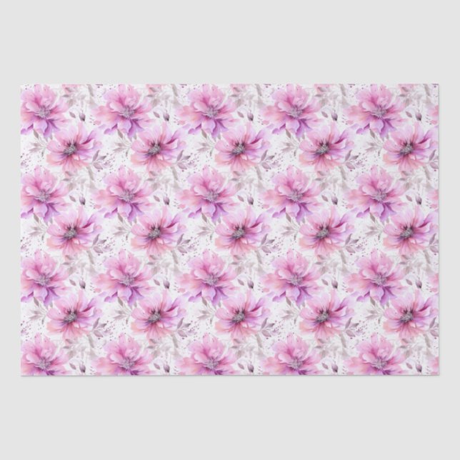 Watercolor Purple Pink Flowers Spring Pattern  Tissue Paper (Front)