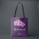 Watercolor purple plum bouquet wedding bridesmaid tote bag<br><div class="desc">Rustic elegant fall wedding stylish bridesmaid / maid of honour / flower girl tote bag featuring a bunch of big blush pink violet peony flowers on dark purple plum background. Personalize it with bridesmaid's name on front and with bride's and groom's names and wedding date on the back. ------- Pleas...</div>