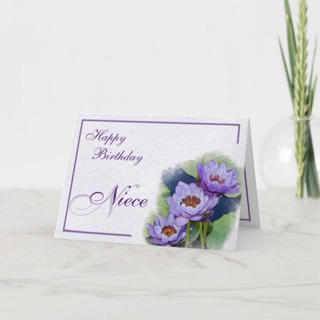 Watercolor Purple Pond Lilies Niece Birthday Card (Front)