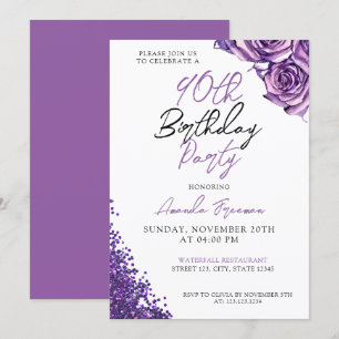 Watercolor Purple Rose 90th Birthday Invitation