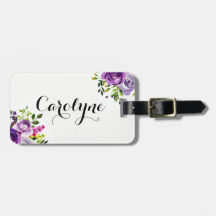 Watercolor Purple Roses Botanical Personalized Luggage Tag