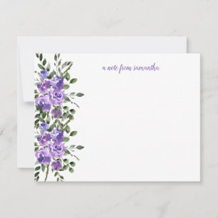 Watercolor Purple Roses Green Leaves Monogram Card
