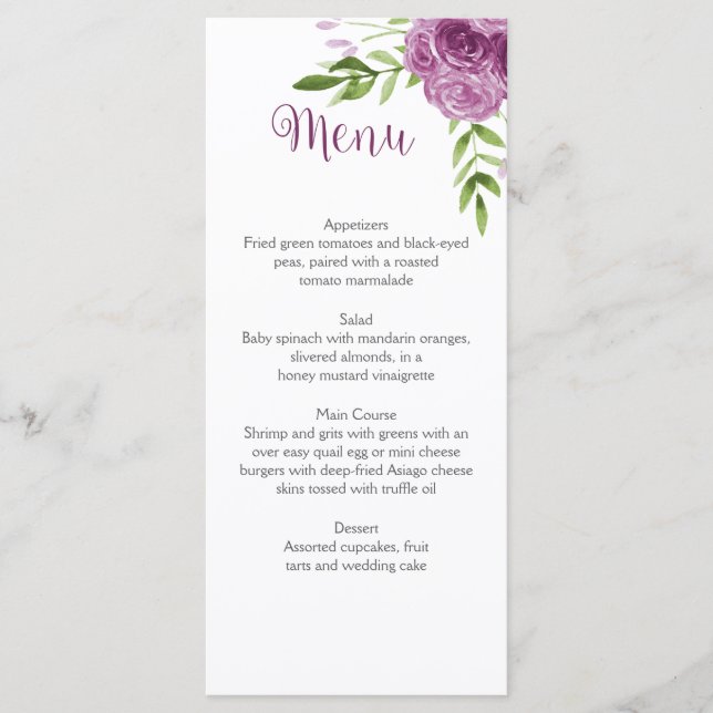 Watercolor Purple Roses Greenery Menu Cards (Front)