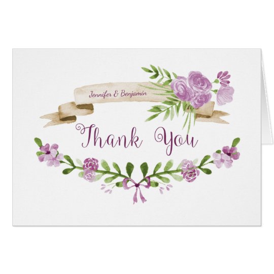 Watercolor Purple Roses Greenery Thank You Card