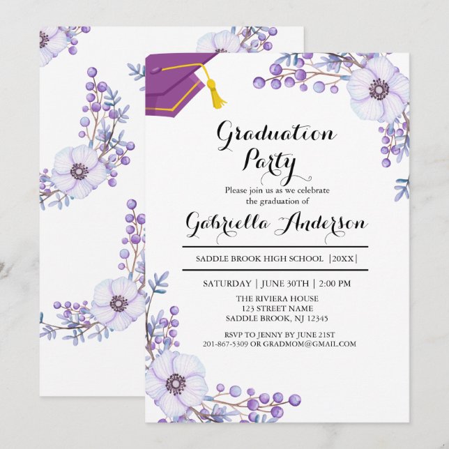 Watercolor Purple Spring Floral Bursts Graduation Invitation (Front/Back)