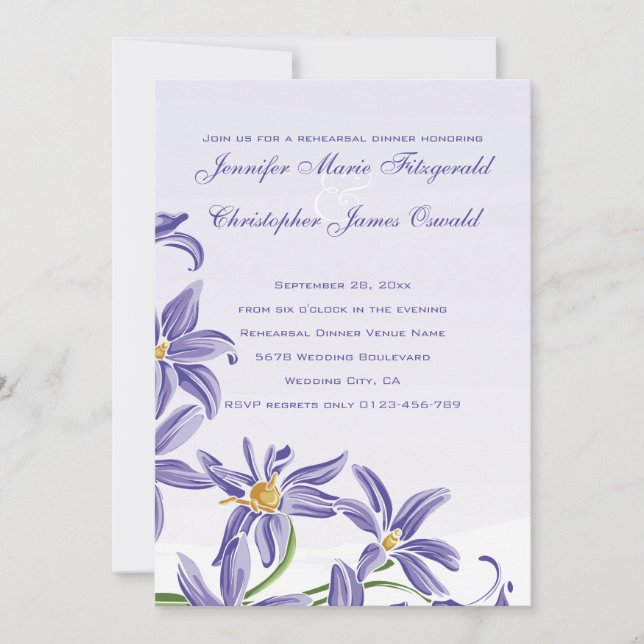 Watercolor Purple Spring Flowers Rehearsal Dinner Invitation (Front)