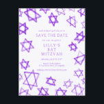 Watercolor Purple Star of David Bar Bat Mitzvah Announcement Postcard<br><div class="desc">Perfect card to announce the upcoming date of a bat mitzvah, bar mitzvah or other Jewish celebration! Hand made watercolor art for you on the front and back side! FULLY CUSTOMIZABLE! Click on “Personalize” above to edit the text. Click "edit using design tool" to adjust the fonts, colours and placements...</div>