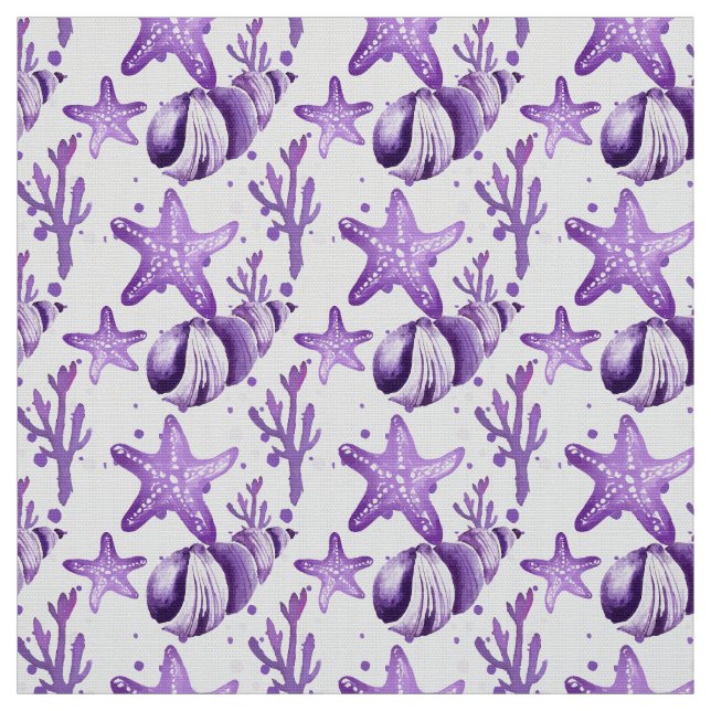 Watercolor Purple Starfish & Seashells Fabric (Swatch)