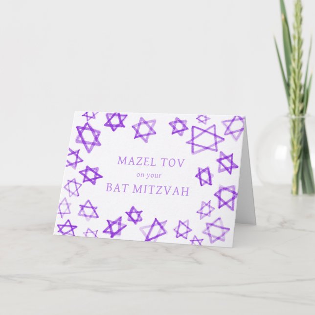 Watercolor Purple Stars MAZEL TOV Bar Bat Mitzvah  Card (Front)