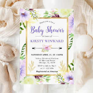 Watercolor Purple Summer Flowers Baby Shower Invitation