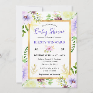 Watercolor Purple Summer Flowers Baby Shower Invitation