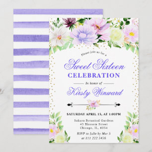Watercolor Purple Summer Flowers Sweet 16 Invitation